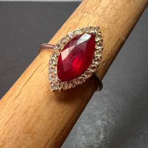 Marquis Ruby and white zircon halo ring in rose gold over sterling silver size 9